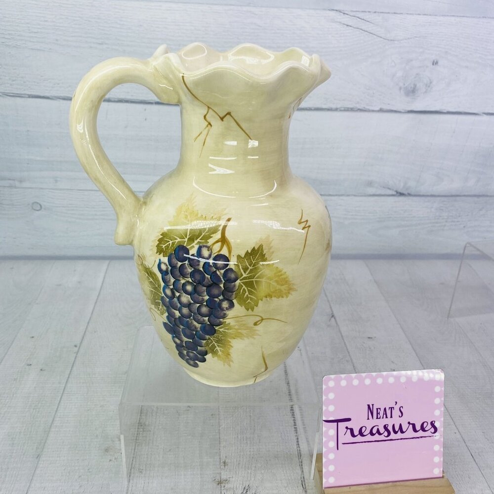 Tabletops CABERNET Rippled Hand Painted Purple Grapes 10"T Flower Pitcher Vase
